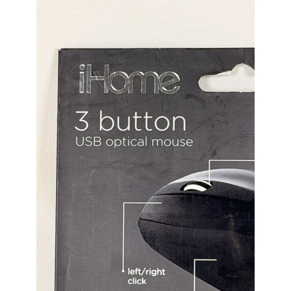 iHome 3 Button USB Optical Mouse Black Corded PC Mac NEW